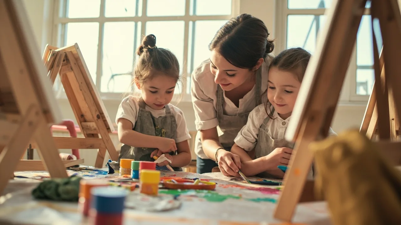 Niños pintando con pinceles junto a su profesora durante una sesión de Art Lab